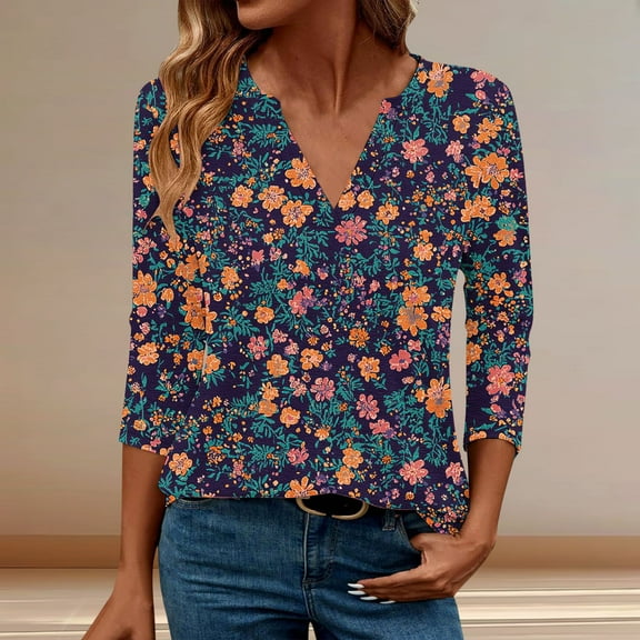 HOMBOM V-Neck T Shirts for Women Tunnic 3/4 Sleeve Brown Floral Boho Graphic New arrivals T-Shirts