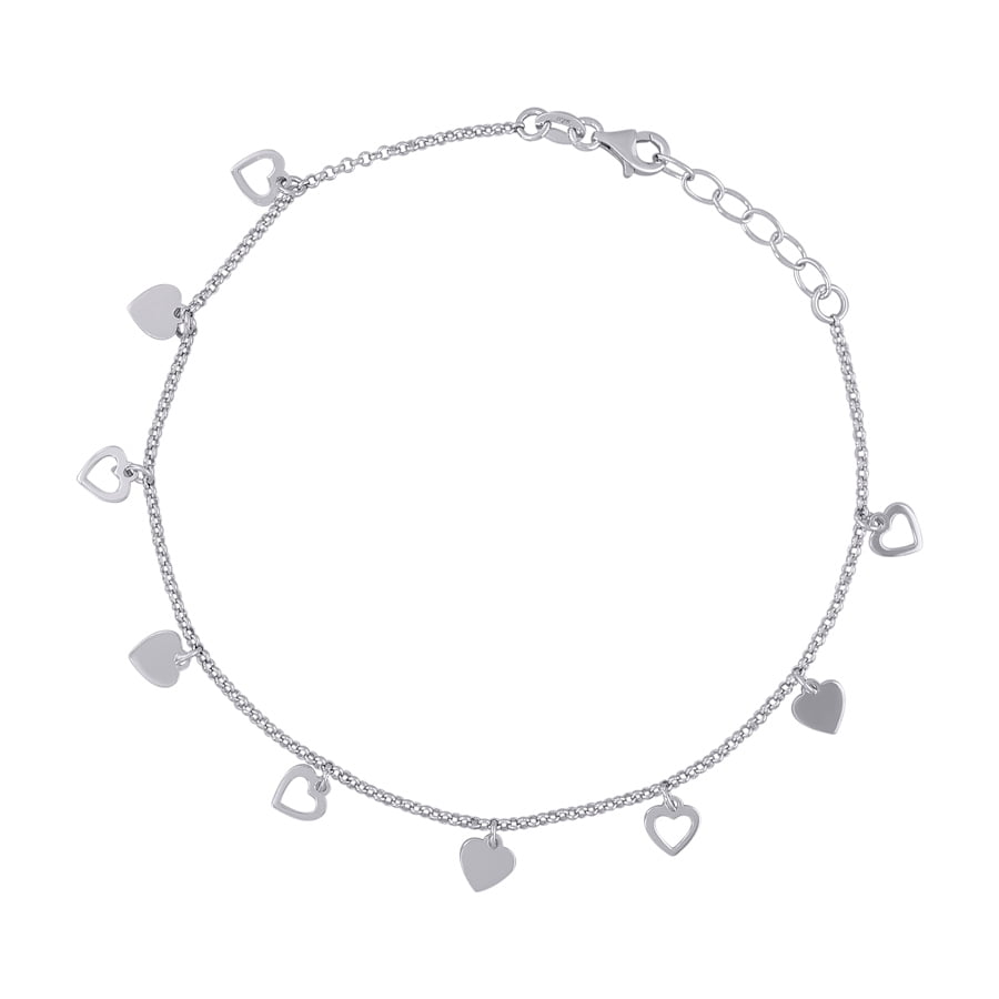 925 Sterling Silver Womens Rolo Link Love Heart Charms Anklet 7mm Long Anklet for Women - 3.3 Grams