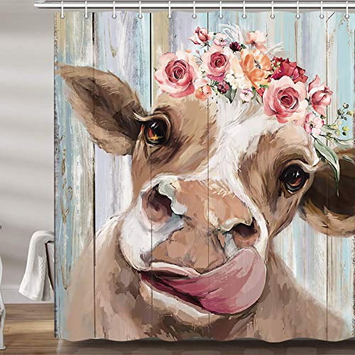 Wood Fabric Shower Curtains Set, Cow Shower Curtain Hooks