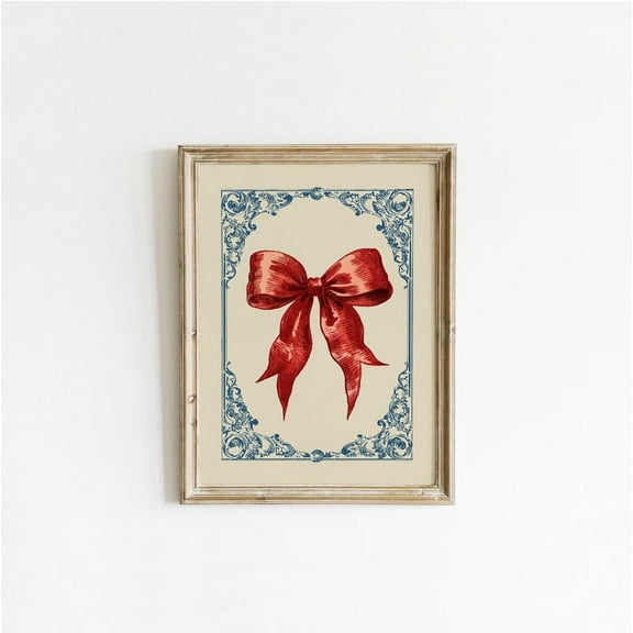 Vintage Red Bow, Coquette Wall Art, Retro Glam Decor, Preppy Aesthetic Dorm S, Blue Art Deco Room Decor, Tan - #0002Dv Wall Art, Modern Wall Decor, 8x12 UNFRAMED