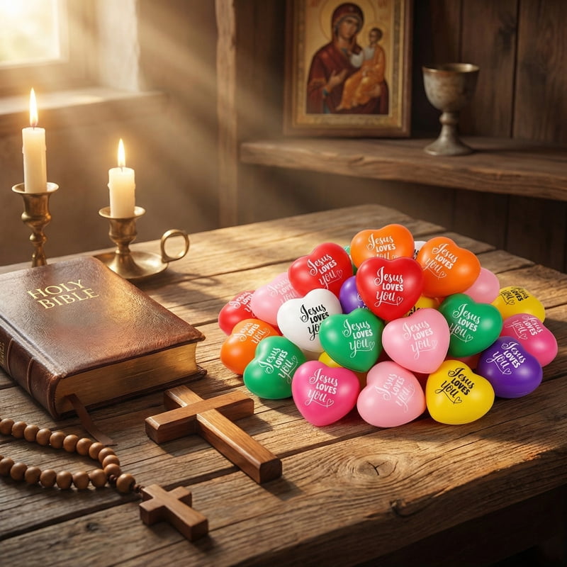 60 Pcs Jesus Loves You Heart Shaped Stress Balls,  1.57 Inch PU Foam Squishy Ball, Colorful Christian Gifts Bulk, Stress Relief Toys for Baptism Communion Religious Events Exam prep