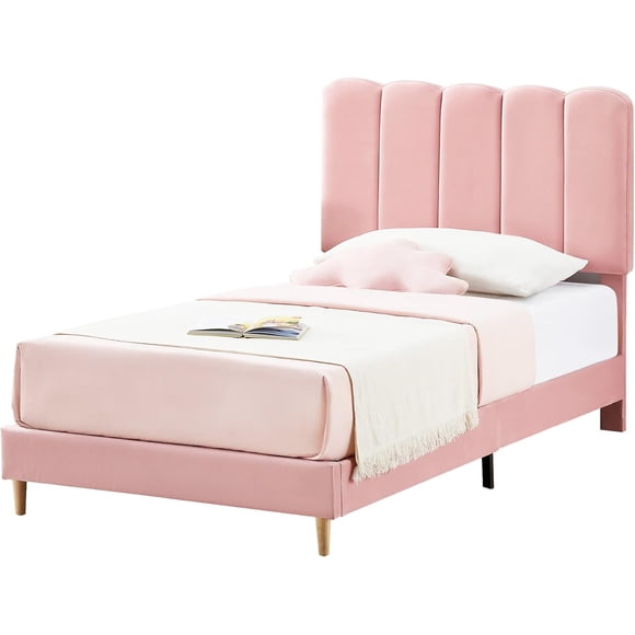 Eastvita Elegant Pink Twin Bed Frame Wavy Velvet Headboard/No Box Spring/Wooden Slats/Easy Assembly for