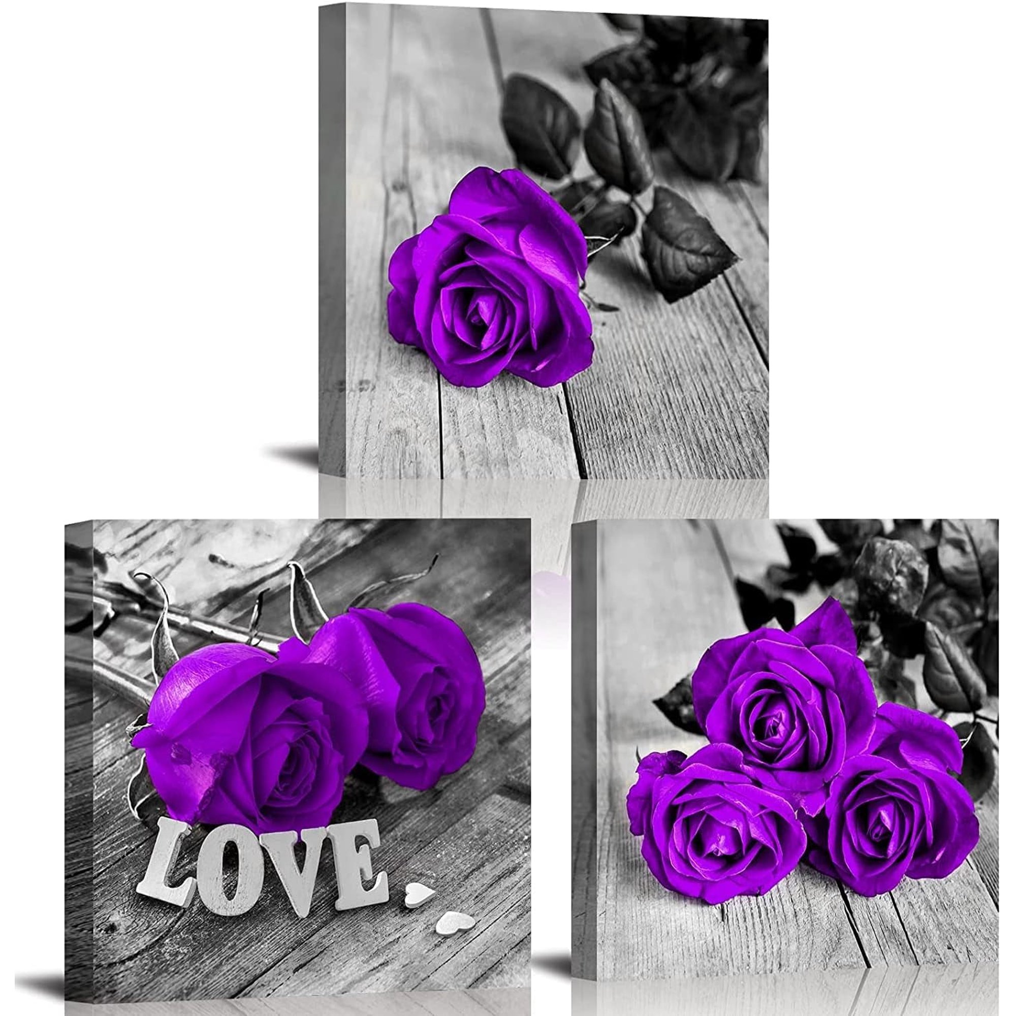 Purple Wall Art Rose Flowers Wall Decor for Living Room Bathroom Purple and Gray Canvas Paintings Romantic Bedroom Decor Black and White Modern Artwork Valentines Gifts Home Decorations 14x14" 3 Pcs