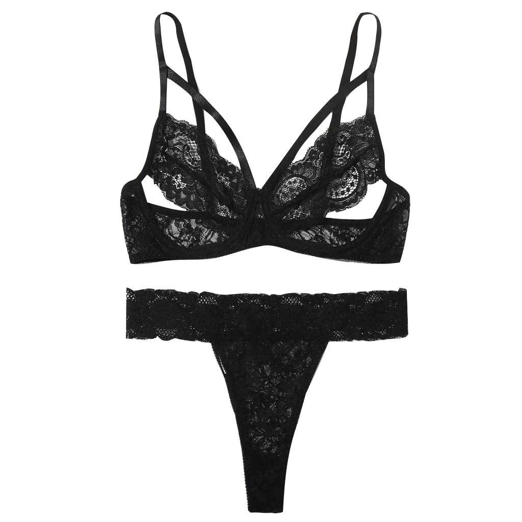 Wozhidaoke Lingerie For Women Lace Bra Thong Set Black Sleepwear ...