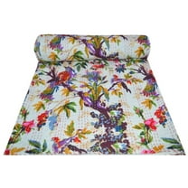 indian cotton bird print white kantha quilt Bedding throw sofa coverlet bedspread handmade vintage blanket, single size 60 X 90 Inches