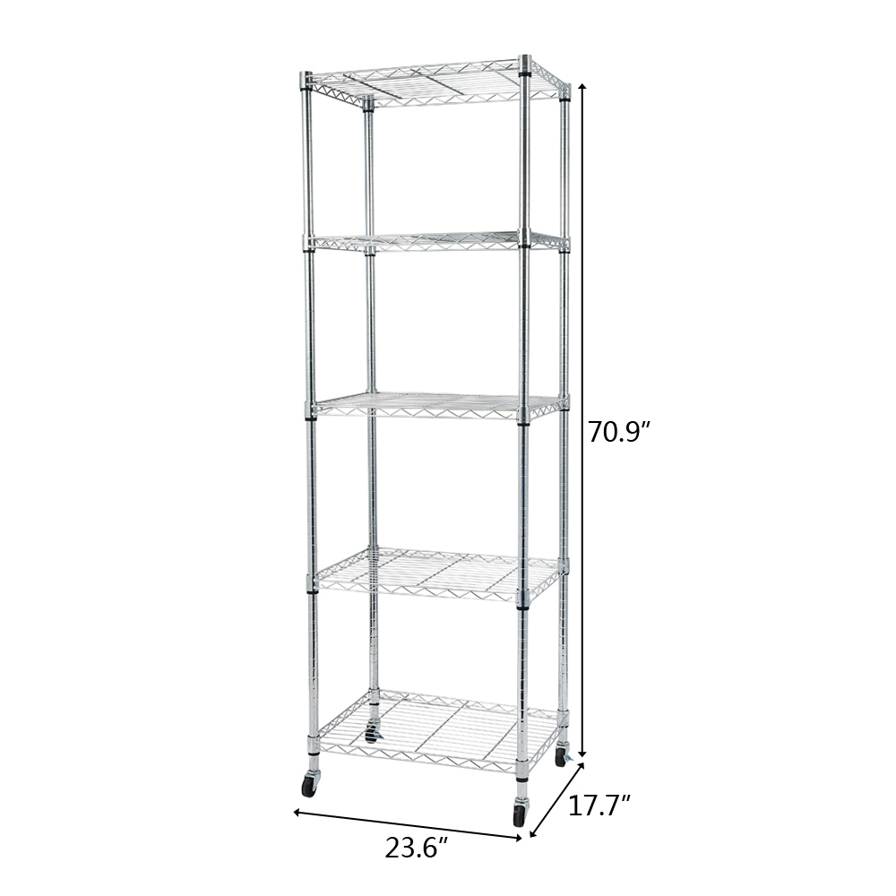 5-Tier Chrome Steel Wire Shelving Unit Commercial Grade Storage Rack with Caster Wheels Leveling Feet for Home Garage Warehouse Restaurant