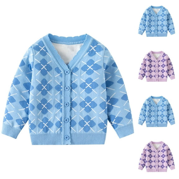 Toddler Puffer Jacket Yourumao Toddler Boys Girls Crewneck Cardigan Sweaters Children Plaid Button Cotton School Uniform Knit Tops Outwear 3-9 Years Light Blue,3 Years