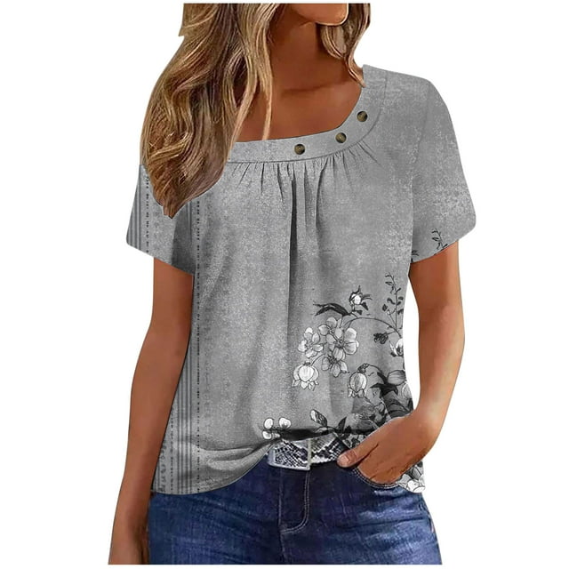 Pisexur Hauts pour Femmes, Hauts d'Été, T-shirt Plissé à Manches Courtes, Mode et Confortable, Gris, P