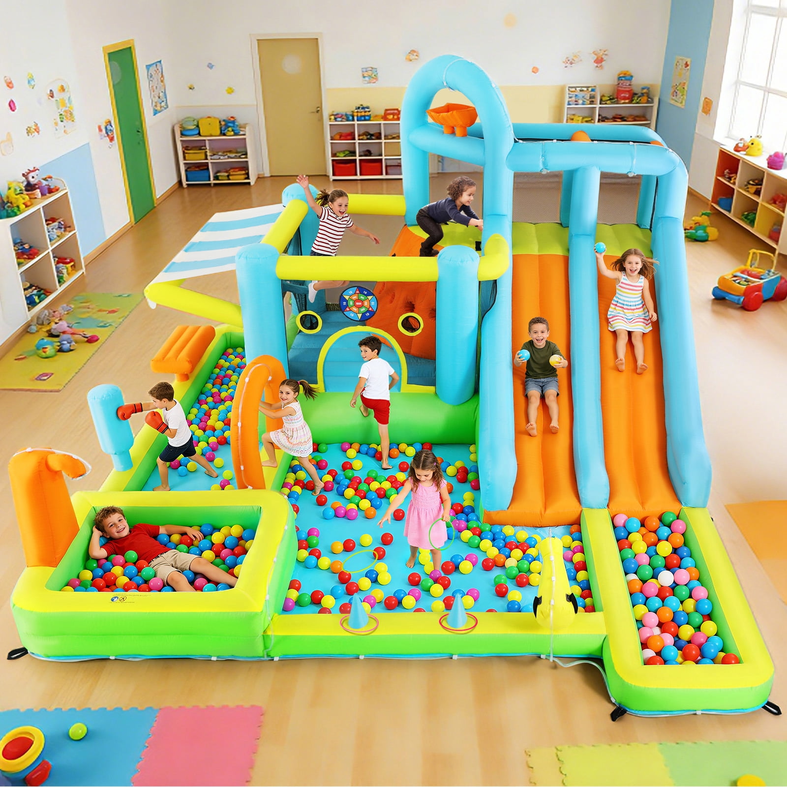 10in1 Heavy Duty Double Water Slide Inflatable Bounce House Giant Water Park w/650W Blower,Splash Pool,Sunshade,Climbing Wall,Jumping,Basketball Hoop,Ring Toss Game,Water Gun Outdoor Backyard