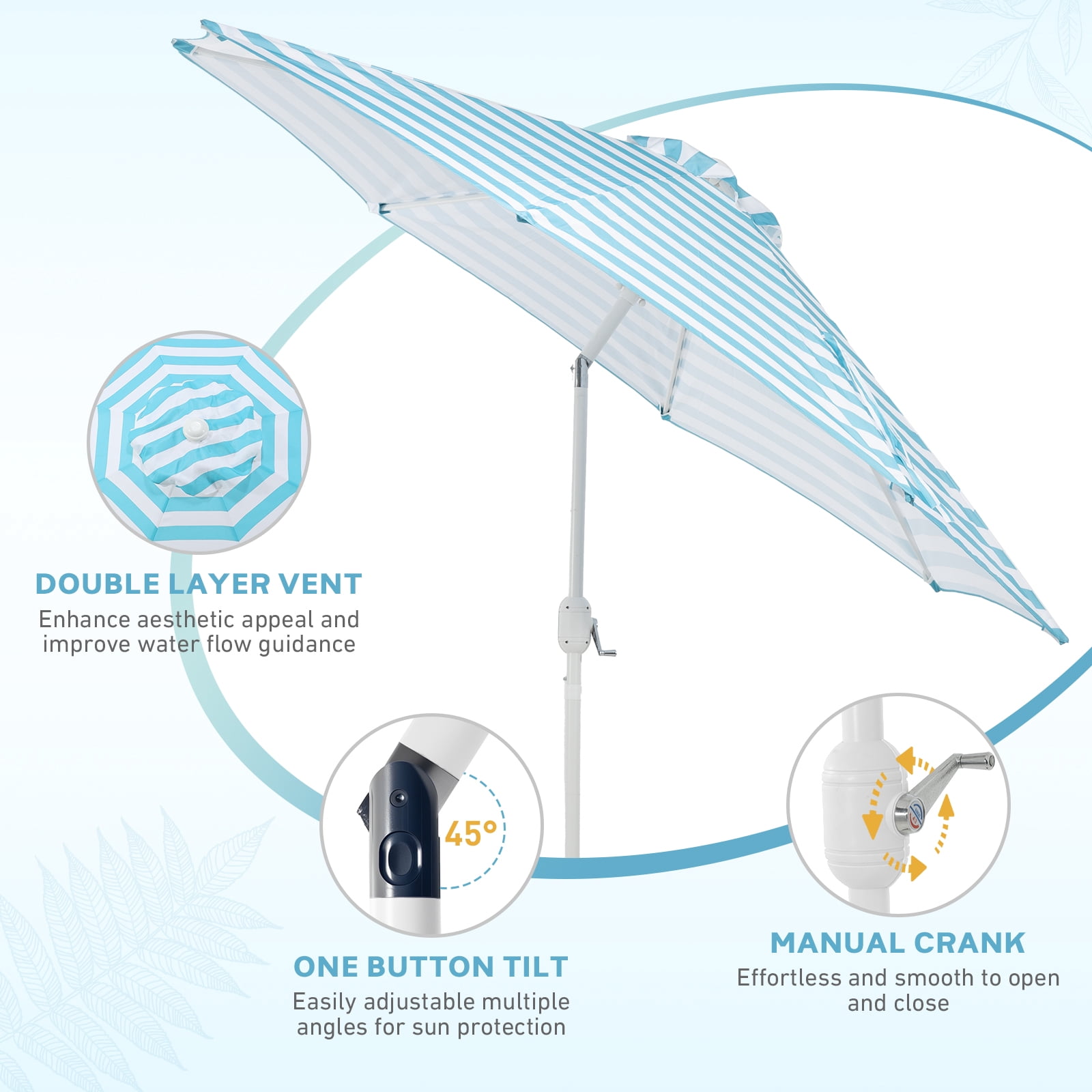 Aoodor 9FT Outdoor Patio Umbrella with 8 Steel Ribs and Push Button Tilt Crank, UV Protection, Light Blue and White