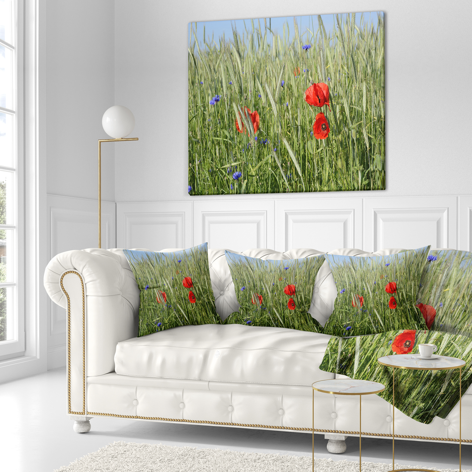Designart Rural Landscape with Red Poppies - Landscape Printed Throw Pillow - 16x16