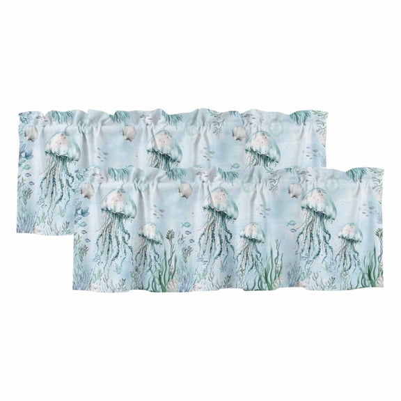 Aqua Jellyfish Curtain Valances for Windows, Kitchen Valance Window Treatments Panel 2 Pack, Coastal Nautical Ocean Shells Seaweed Rod Pocket Short Curtains for Bathroom Bedroom 42 x 18 Inch