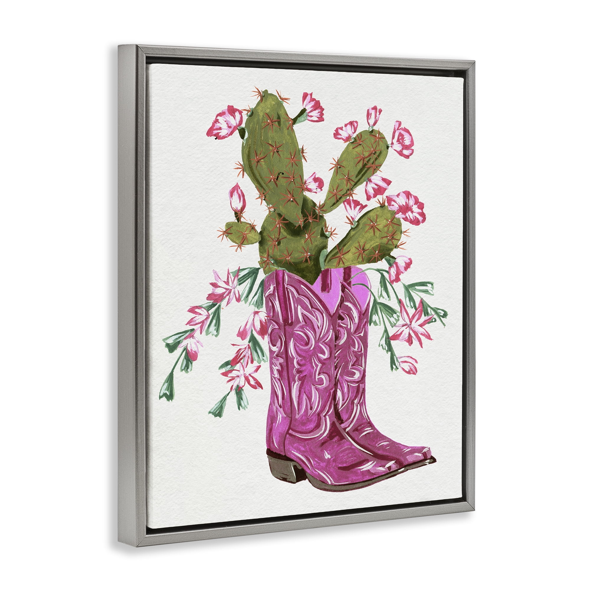 Stupell Industries Pink Accent Cactus & Boots Plants & Flowers Painting Gray Floater Framed Canvas Art Print Wall Art, 25 x 31