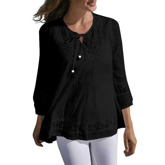 Women's Elegant Lace Hollow Blouse 3/4 Sleeve Casual Loose Fit Top with Floral Embroidery for Versatile Style