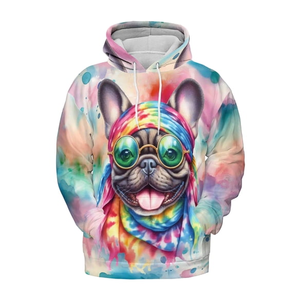Hippie French Bulldog Portrait Watercolor Tie-Dye Vintage Styles All Over Print 3D Hoodie Unisex Merch Hoodies Dog Lover Gifts - 00014