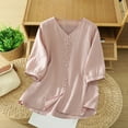 thumbnail image 2 of XPMWRP Women's Cotton Linen Button Down Short Sleeve Shirts Summer Loose V Neck Casual Oversized Solid Blouses Pink XXL, 2 of 7
