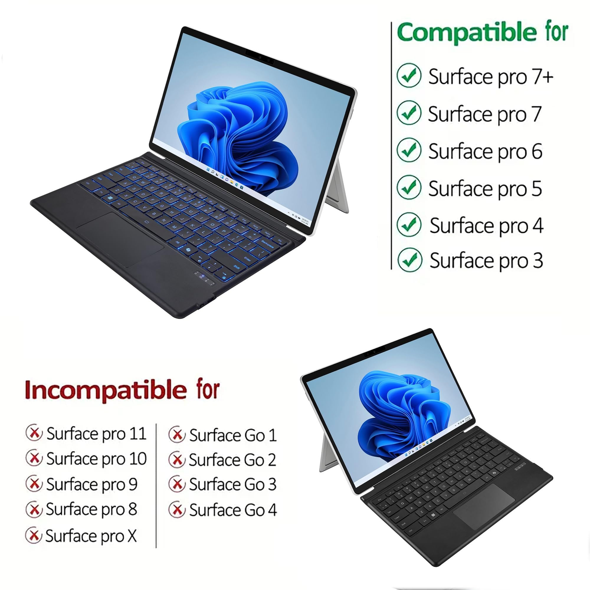 ADESSO Surface Pro Case with Bluetooth Keyboard and Touchpad Slim Quiet Fast Scissor Switch Keys Faux Suede and Leather Cover for Surface Pro 3 4 5 6 7 Ultra Slim Aluminum