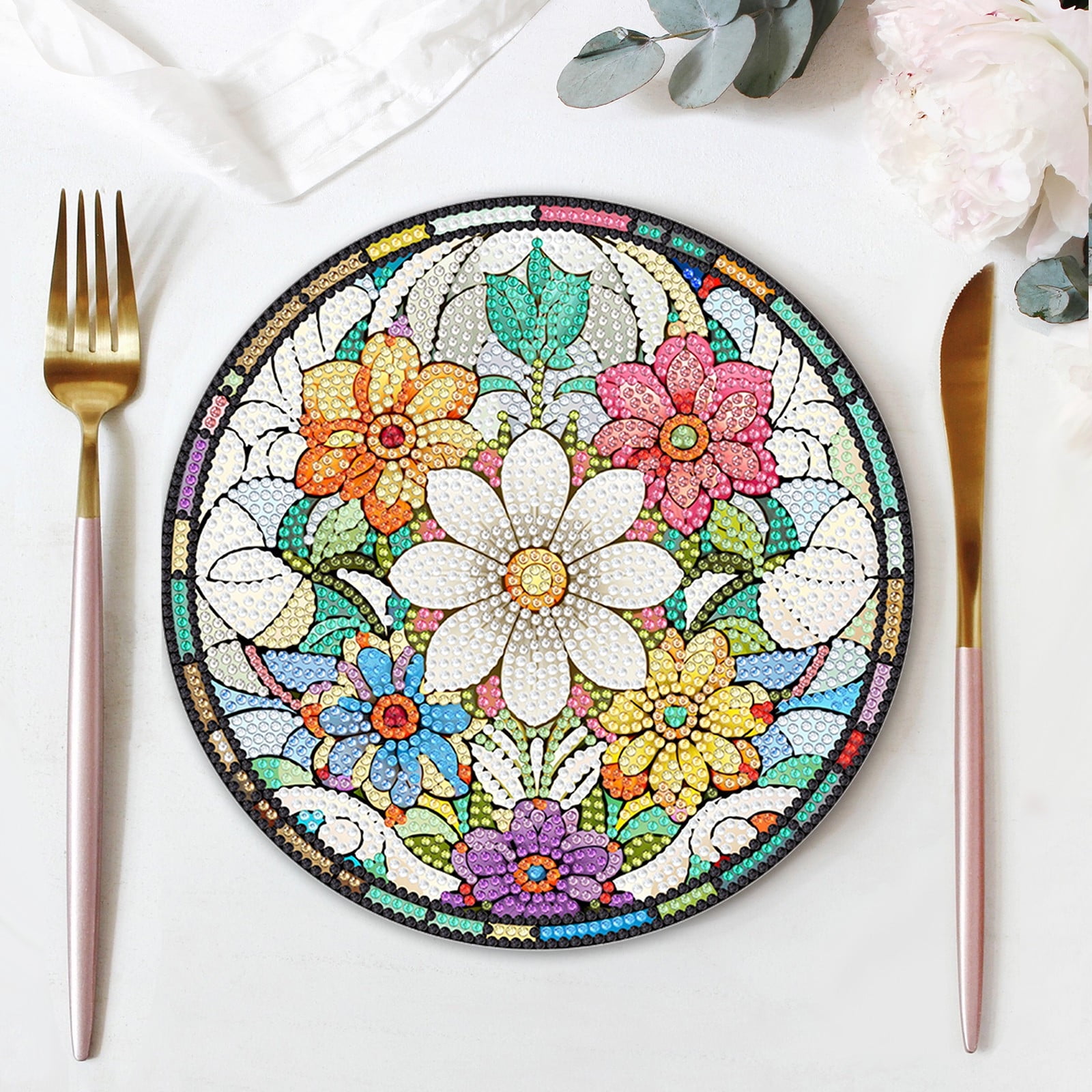 FLOPESN 4 Pcs Diamond Art Painting Coasters,Acrylic Single-Sided Dotted Diamond Dinner Plate Set for Restaurant Decoration-Flowers