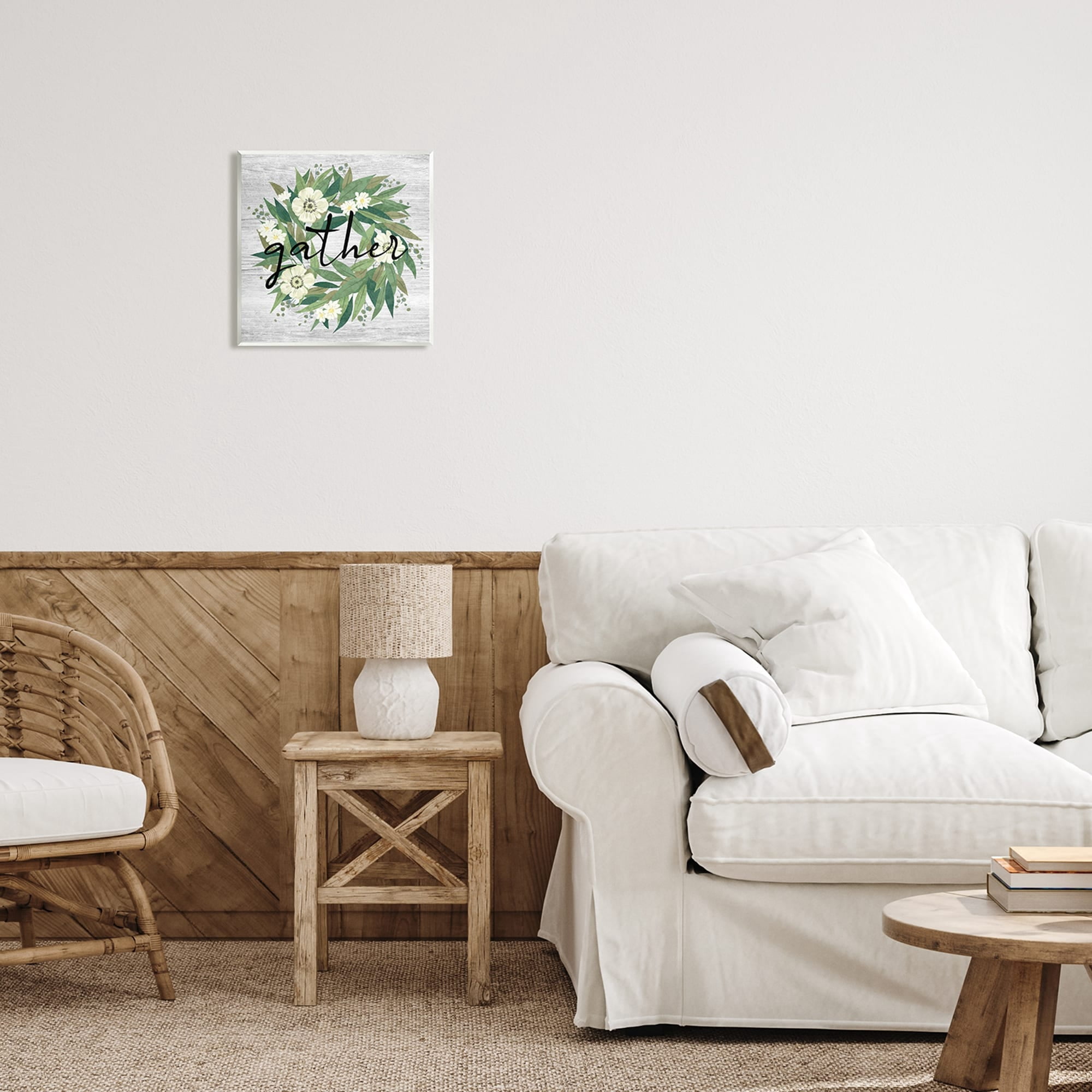 Stupell Industries Gather Calligraphy Flower Wreath Rustic Planked Pattern Graphic Art Unframed Art Print Wall Art, Design by Ziwei Li