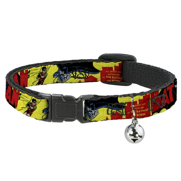 DC Comics Breakaway Cat Collar With Bell, Plastic Clip, Easy Adjustable, Classic Batman Issue 1 Robin Batman Cover Pose Yellow Red, 8.5 to 12 Inches 0.5 Inch Wide