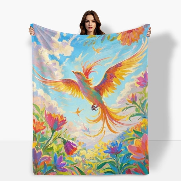 Phoenix Colorful Flower Meadow Blue Sky Themed Cozy Fleece Blanket Soft Warm Comfortable For Sofa Bed Travel Camping Living Room Office Chair Polyester Gift For Family Or Friends