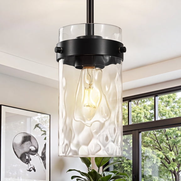 Deyidn 5-inch Black Modern Pendant Light with Glass Shade, Height Adjustable Hanging Fixture for Kitchen Island, Dining Table, Entryway, Foyer