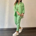 thumbnail image 2 of Women Outfit Set Button Up Top Elastic Waist Bottom Loose Fit Pure Color Loungewear Set Green XL, 2 of 6