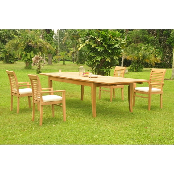 Grade-A Teak Dining Set: 4 Seater 5 Pc: 122" Atnas Double Extension Rectangle Table And 4 Mas Stacking Arm Chairs Outdoor WholesaleTeak #WMDSMS35
