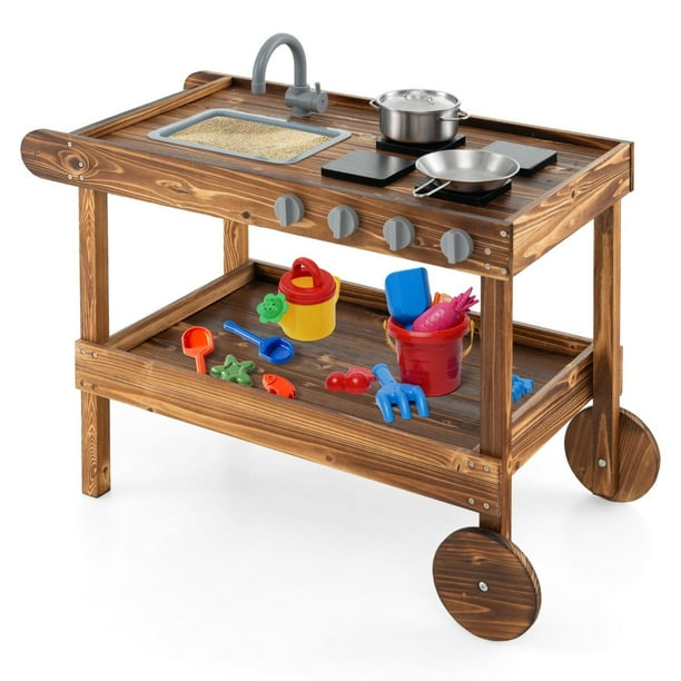 Costway Juego de Cocina de Barro para Niños de 3-7 Años con 2 Ruedas Rodantes Manija de Empuje Grifo Giratorio Fregadero Extraíble Natural