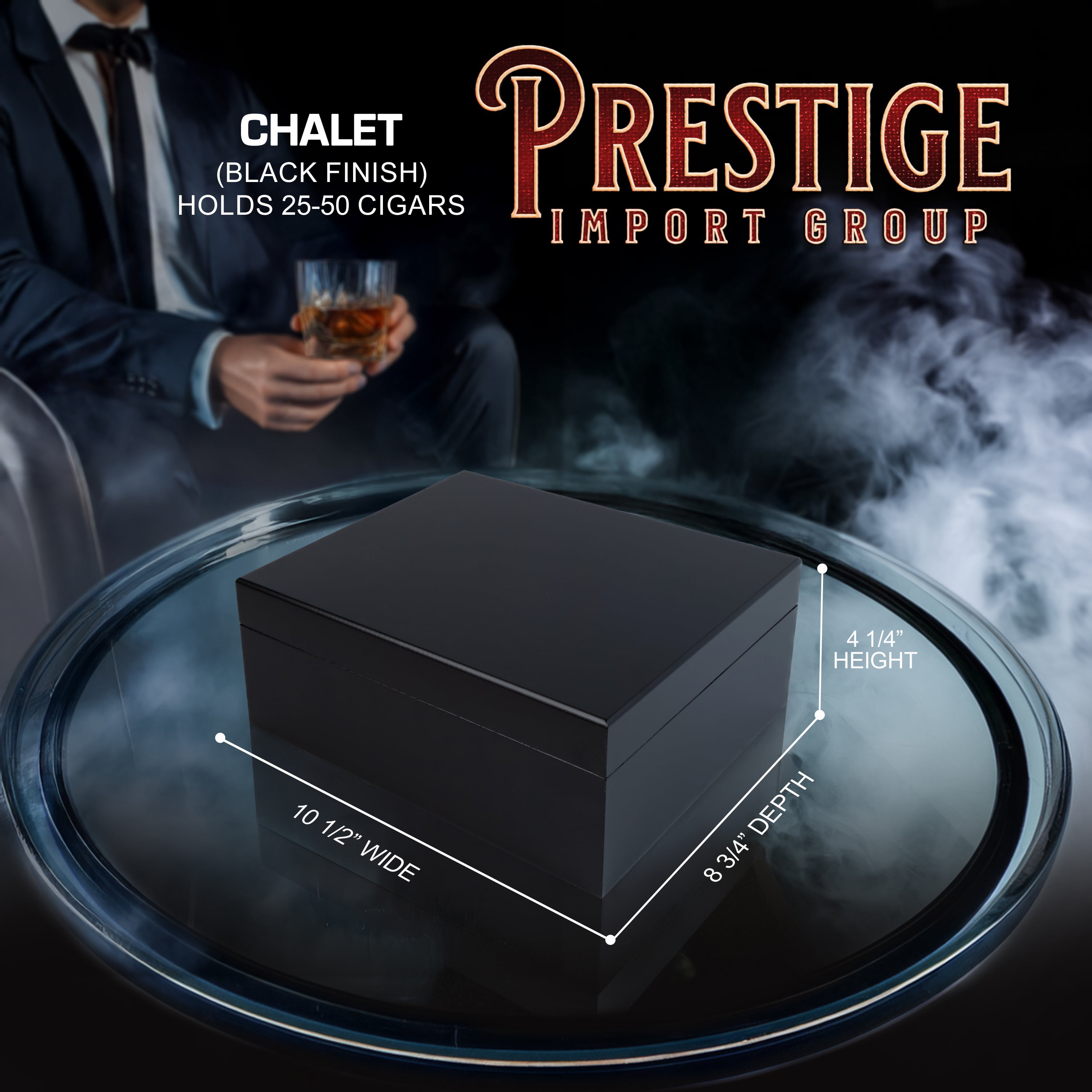 Chalet Desktop Cigar Humidor - Black Finish - Capacity: 25 to 50