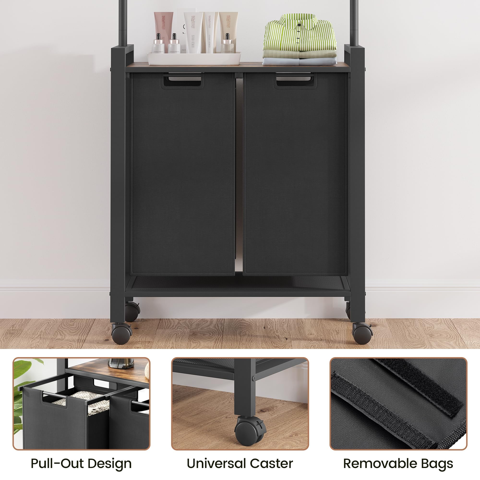 Faitaliicy Laundry Sorter with Hanging Rack,Laundry Sorter 2 Section Laundry Hamper Sorter 2 X 13gal Laundry Basket Organizer for Laundry Room Organization Storage Baskets