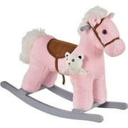 Kids Plush Ride-On Rocking Horse with Bear Toy, Children Chair with Soft Plush Toy & Fun Realistic Sounds, Pink
