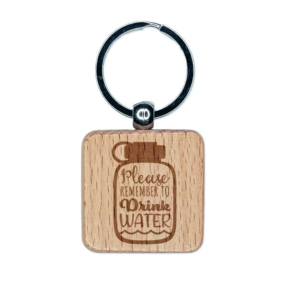 Please Remember to Drink Water Bottle Square Keychain Charm Tag - Engraved Wood