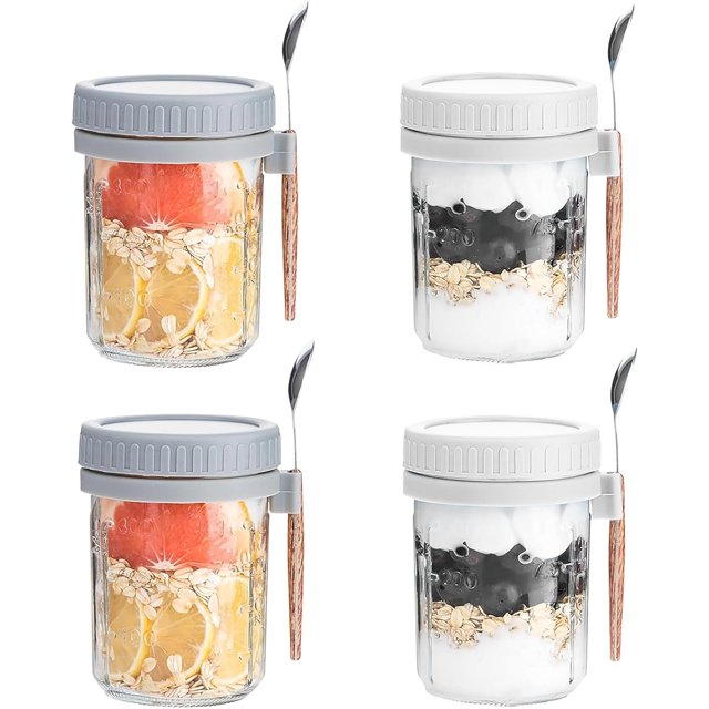 4 Pack Overnight Oats Jar,Overnight Oats Containers with Lids and Spoons,Reusable Wide Mouth Mason Jars for Overnight Oats,Meal Prep Containers with Lids,12 oz Glass Jar,Canning Jars,Food Jars
