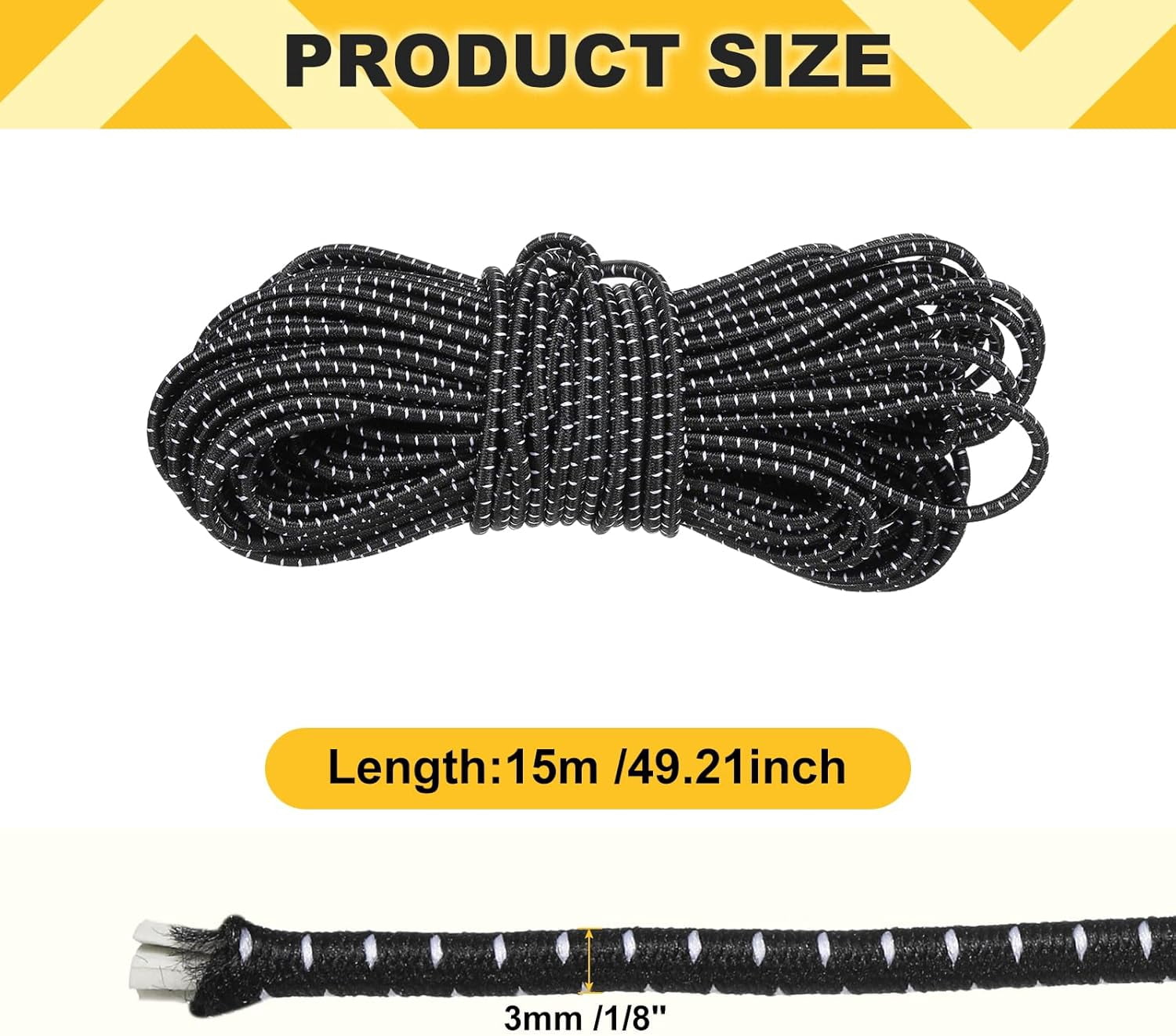 MKEUDQ-Elastic Bungee Cord, 1/8" x 49' Heavy Duty Polyester Bungee Shock Cords Kayak Stretch String Rope for Kayak Strap Tarp Tie Boating Tent Camping DIY Craft, Black-White