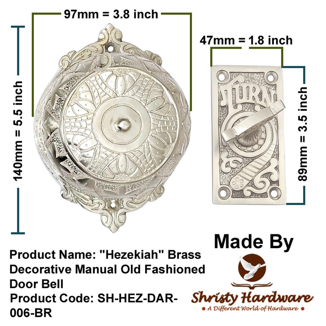 Shristy Hardware "Hezekiah" Brass Manual Old Fashioned Door Bell – Vintage Twist Bell with Key Plate – Mechanical Doorbell for Home – (Pack of Satin Nickel Finish) PT-2