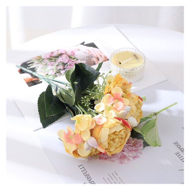 Ramo de flores artificiales de rosas de seda blanca, decoración del hogar for bodas, arreglo de flores de peonía falsa