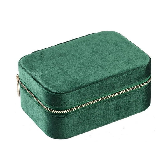 Italian Velvet Double Layers Jewelry Set Storage Zipper Boxes with Mirror Inside Rectangle Jewelry Organizer Case for Earrings Rings Bracelets Sea Green 16.5x11.5x7cm