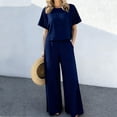 thumbnail image 2 of NMMUED 2 Piece Linen Set for Women’s Cotton Linen 2 Piece Set Casual Summer Lounge Short Sleeve Top Flowy Wide Leg Pants Lightweight Loose Fit Outfit Vacation Matching Set Navy M, 2 of 7