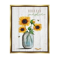 Stupell Industries Hello Sunshine Rustic Sunflower Jar Graphic Art Metallic Gold Floating Framed Canvas Print Wall Art, Design by Elizabeth Tyndall
