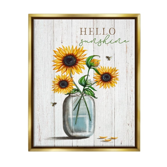 Stupell Industries Hello Sunshine Rustic Sunflower Jar Graphic Art Metallic Gold Floating Framed Canvas Print Wall Art, Design by Elizabeth Tyndall