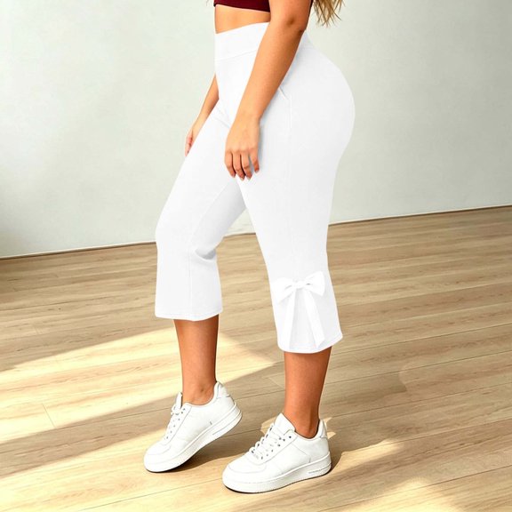 Cagogo Women Plus Size Capri Leggings High Waisted Yoga Capri Pants Solid Casual Active Capri Pants Regular Fit Workout Beach Cropped Lounge Trousers, White 5XL