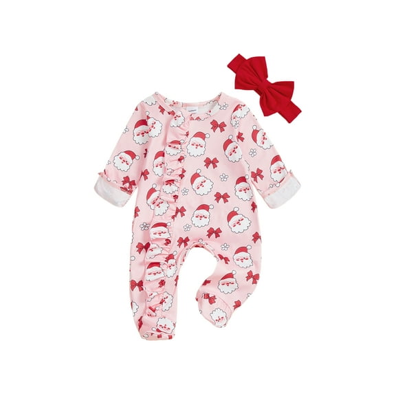 Qmyliery Newborn Baby Girl Christmas Romper Santa Print Long Sleeve Zip Up Footed Jumpsuit with Bow Headband