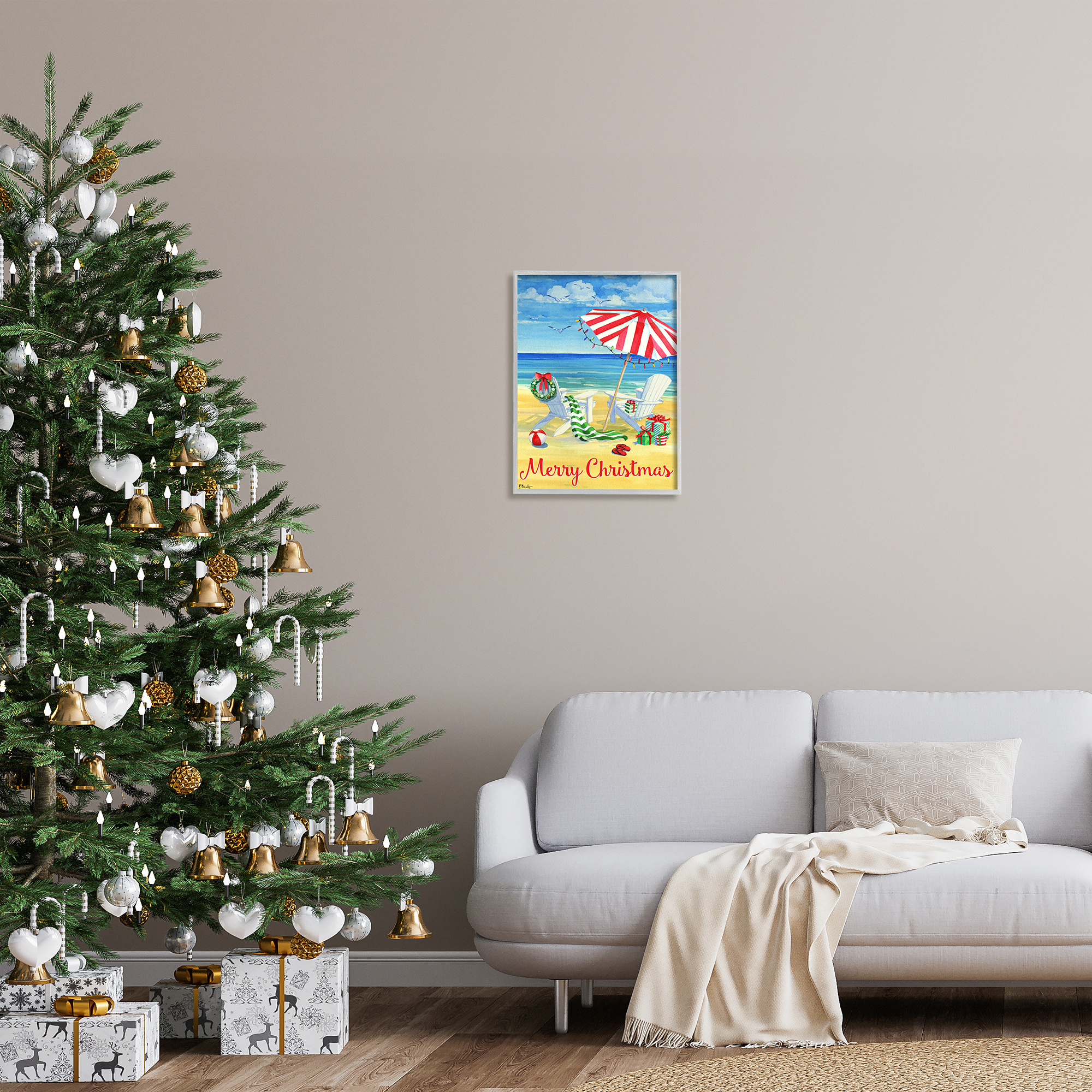 Stupell Industries Coastal Merry Christmas Holiday Painting Gray Framed Art Print Wall Art, 16 x 20