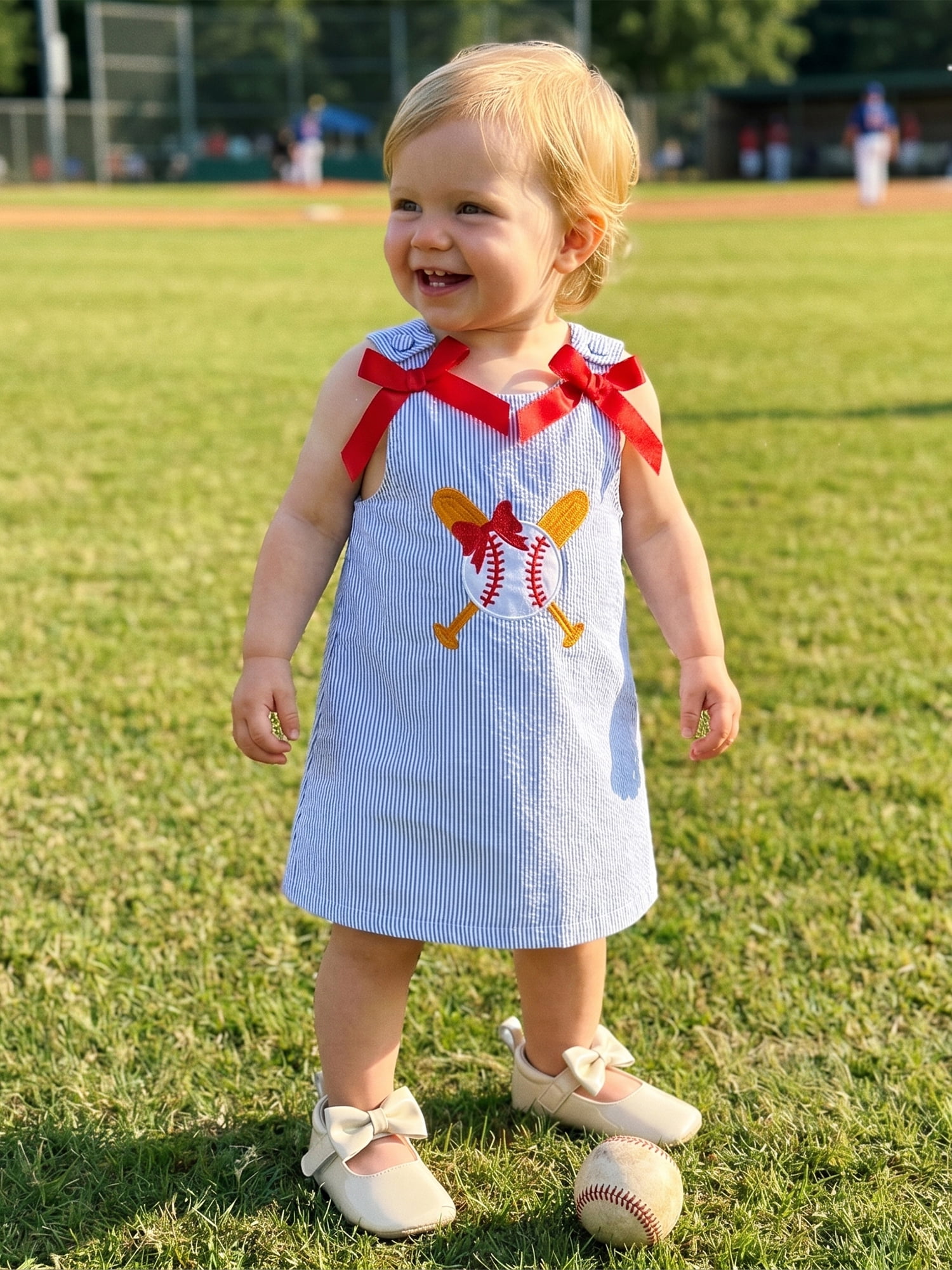 BemeyourBBs Toddler Baby Girl Summer Striped Tank Dress Overalls 6 12 18 24 Months 2 3 4 5  Years Cute Baseball Embroidery Cute Bow Sleeveless Overalls Casual Dress