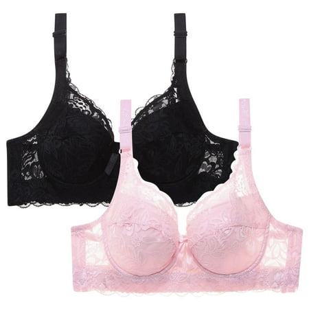 WREESH Women s 2 Pack Lace Bralette Push Up Soft Padded Bras Wireless Plunge Bra Adjustable Strap Comfortable Everyday Bra Underwear Black