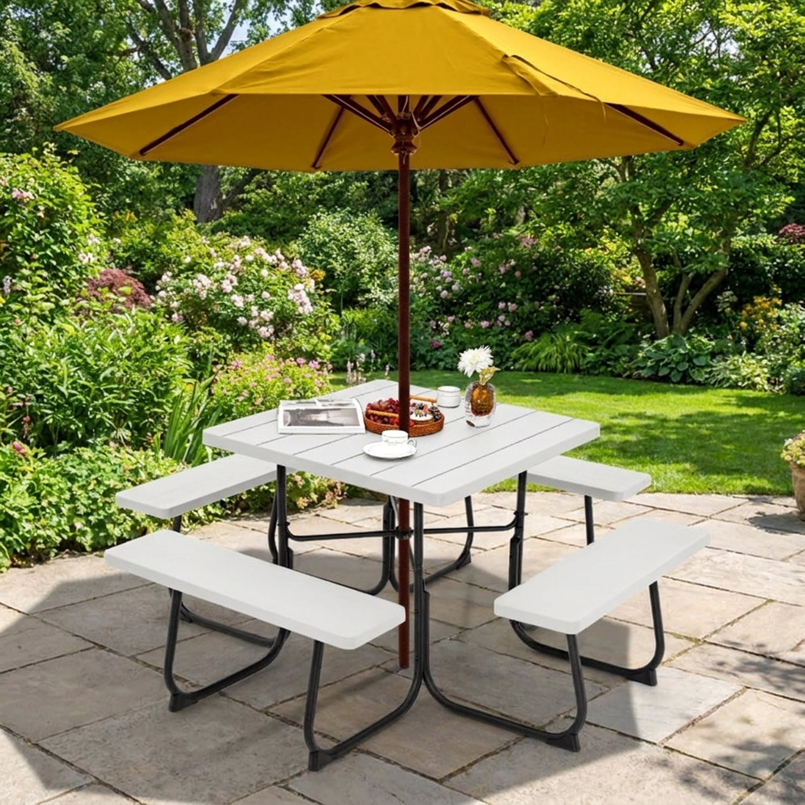 Biotree Outdoor Picnic Table with 4 Benches and Umbrella Hole 67-Inch Round Metal and HDPE Patio Table for Backyard Garden and Deck, White