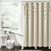Lush Decor Boho Pom Pom Tassel Linen Solid Print Cotton Blend Shower Curtain Set, 72" x 72", Beige