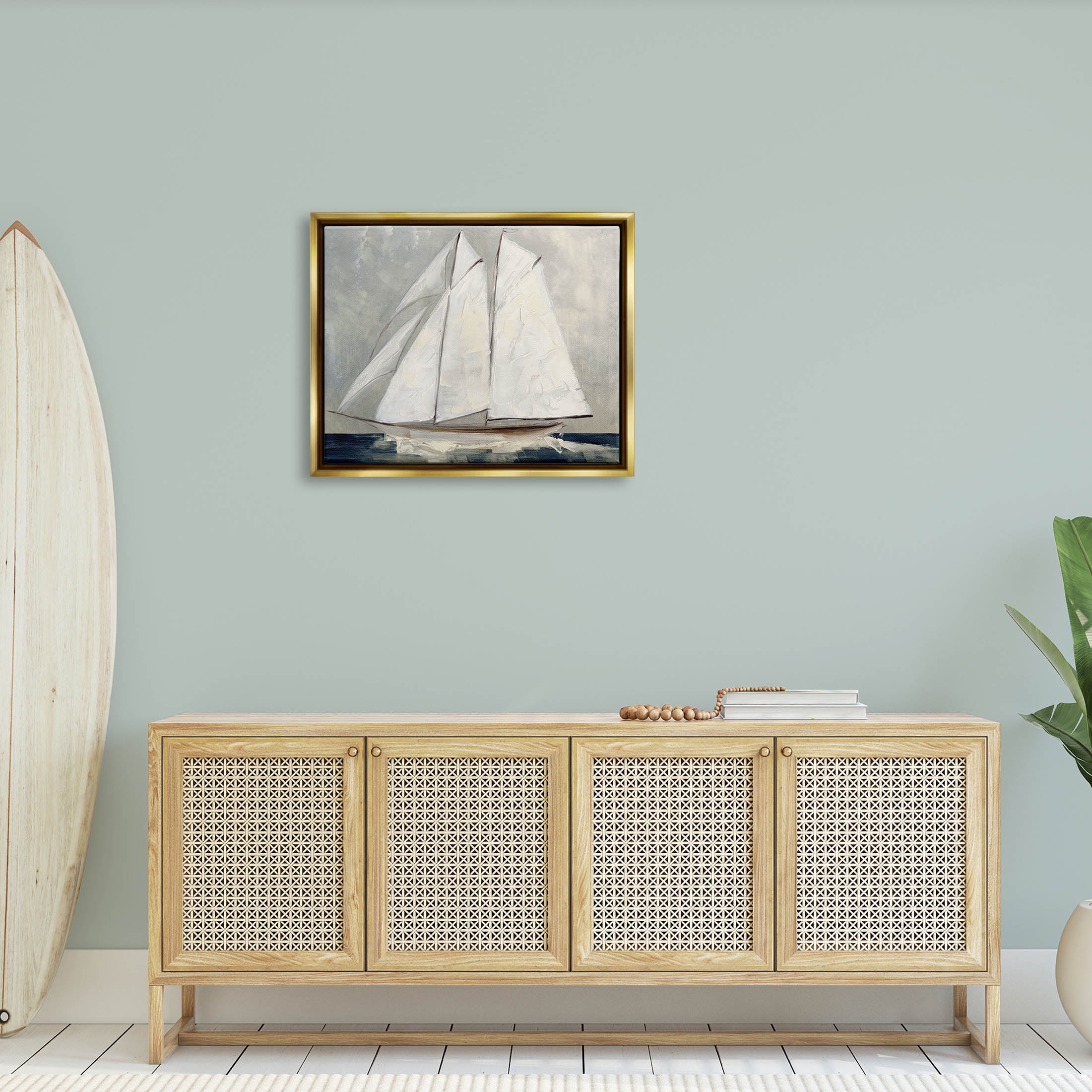 Stupell Industries Nautical Sailboat Dark Ocean Water Painting Metallic Gold Floating Framed Canvas Print Wall Art, Design by Sally Swatland