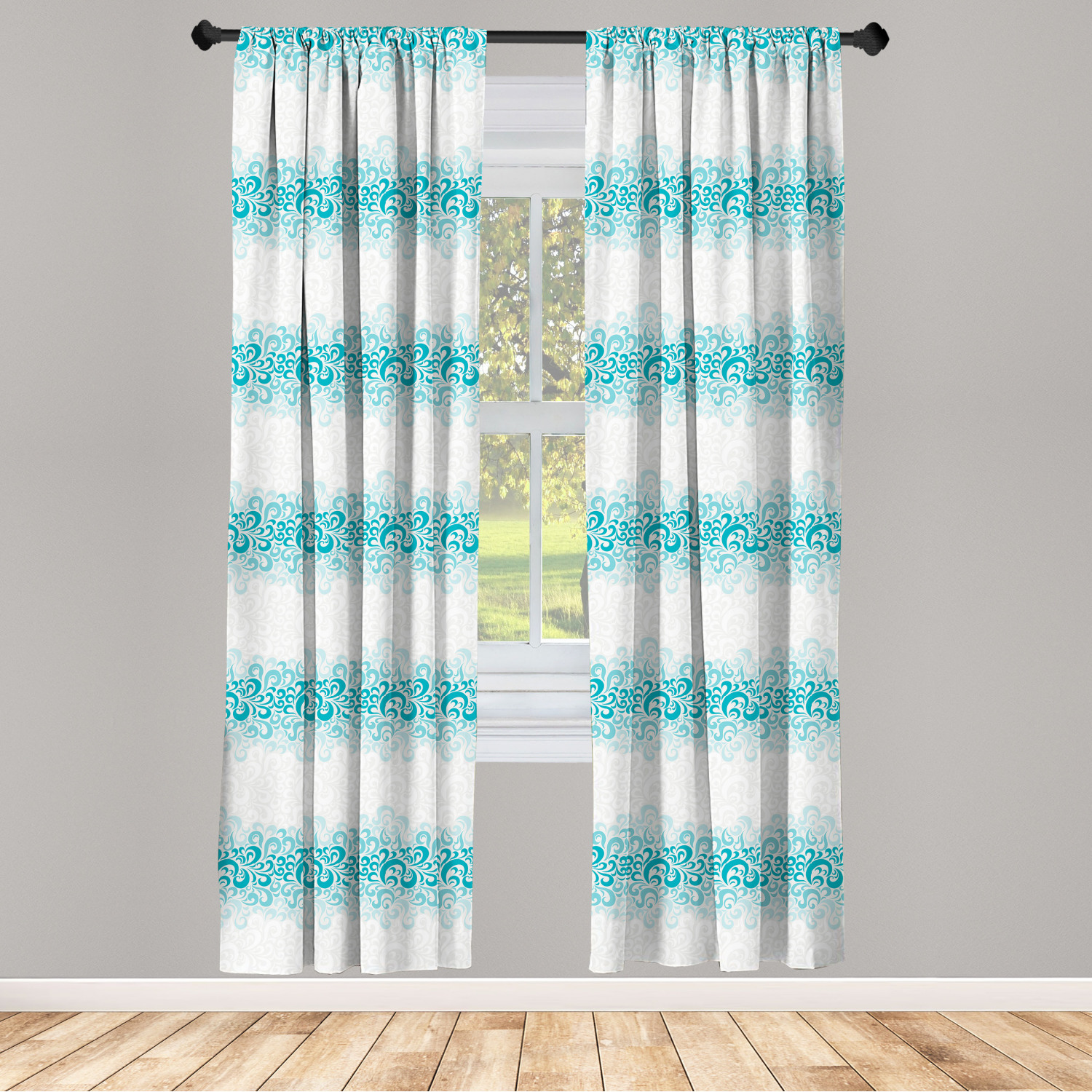 Turquoise Curtains 2 Panels Set, Abstract Floral Flowers Pattern